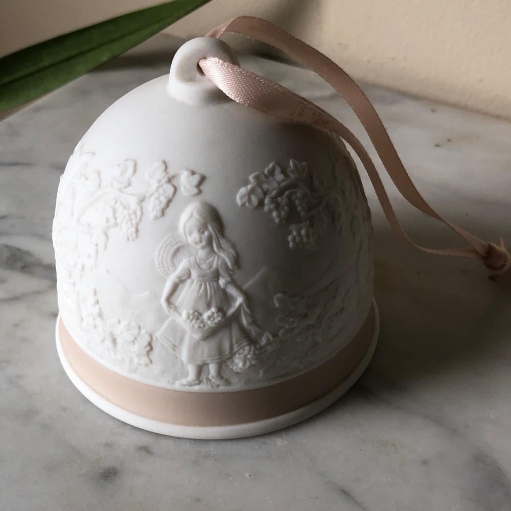 LLadro  1993 Girl with Grapes White Porcelain Bell Ornament with Pink Ribbon